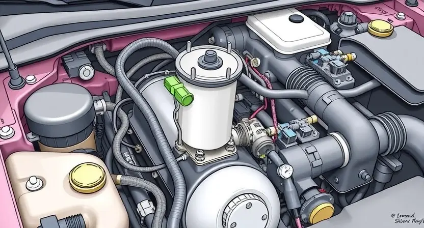 A detailed illustration of a car engine bay, focusing on the fuel pump and relay. The fuel pump should be depicted with its components clearly visible, and the relay should be shown with its wiring connected. The engine should be in a neutral state, with no visible damage.