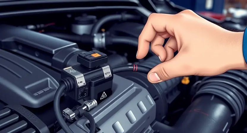 A close-up, detailed illustration of a car engine bay. Focus on the engine's components, particularly the coolant temperature sensor and its wiring harness. Show a mechanic's hand carefully inspecting the electrical connectors. The background should be slightly blurred, suggesting a professional garage setting.
