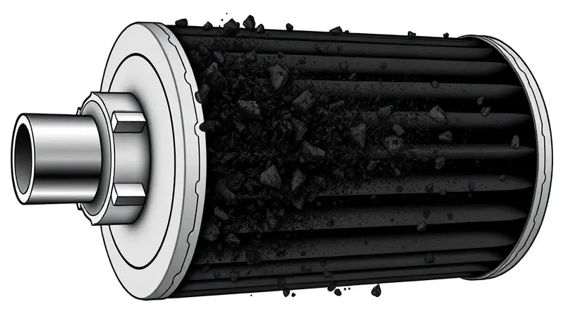 A detailed illustration of a diesel particulate filter (DPF) clogged with black soot. The image should show the internal structure of the DPF, highlighting the accumulation of ash and carbon deposits. Include visual cues indicating a blockage, such as restricted airflow pathways. Focus on the visual representation of the soot buildup, emphasizing its density and distribution within the filter.