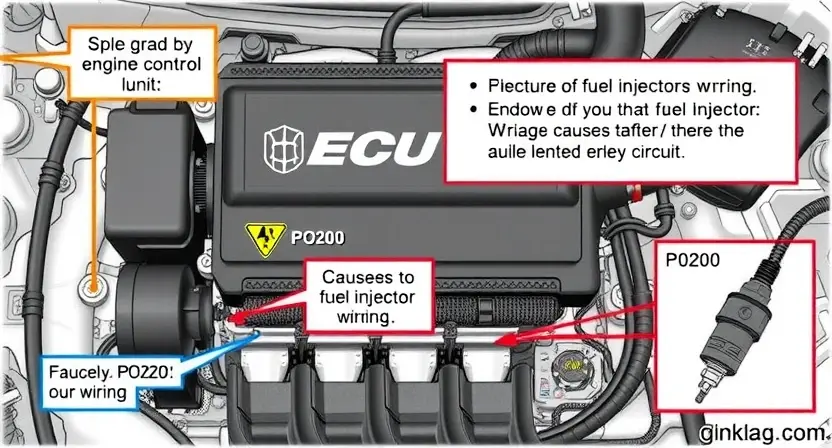 A detailed illustration of an engine control unit (ECU) with various sensors and wiring, highlighting the fuel injector circuit. Focus on the components related to fuel injection and the potential causes of a P0200 error. Include visual cues representing a faulty injector or wiring.