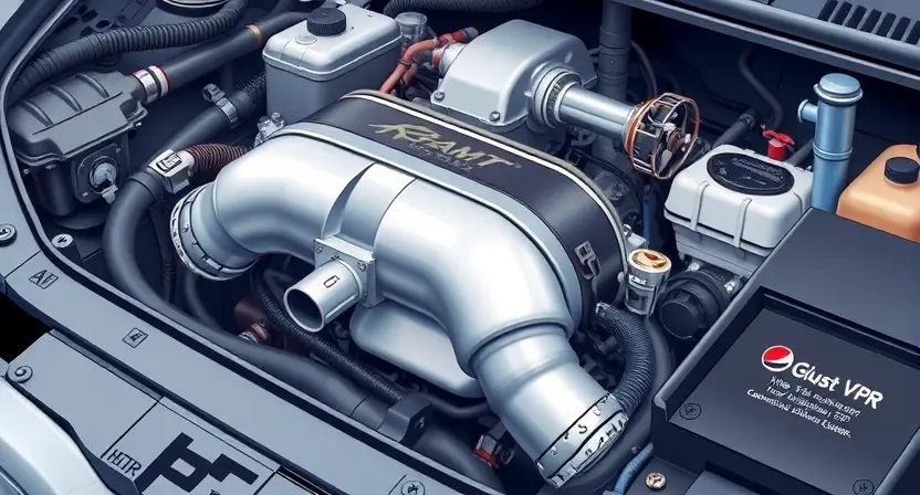 A detailed illustration of a car's engine bay, focusing on the catalytic converter and related components. The catalytic converter should be clearly visible, with pipes and wiring around it. The background should be slightly blurred to emphasize the engine components.