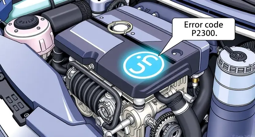 A detailed illustration of a car engine with a highlighted section indicating a malfunction, such as a glowing or flashing component, to represent the error code P2300. The engine should be depicted in a realistic and high-quality manner, with intricate details of the various parts and components. The image should convey a sense of technical precision and professionalism.