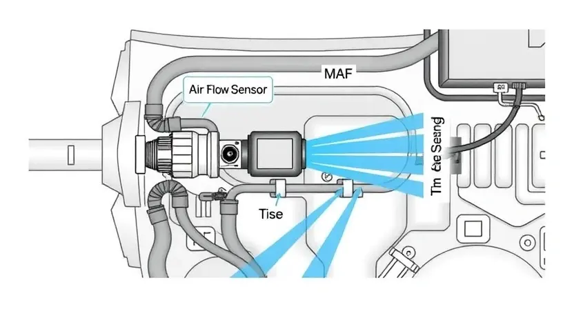 A detailed diagram illustrating the air flow sensor (MAF sensor) in a car's engine system. Show the sensor's location within the intake manifold, its connection to the engine control unit (ECU), and the path of air flowing through the sensor. Include labels for key components like the sensor housing, sensing element, and electrical connector. The diagram should be clean, clear, and easy to understand, focusing on the sensor's physical placement and airflow path.