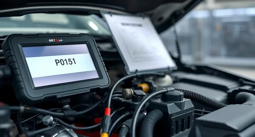 A professional automotive diagnostic scene showing a car engine bay with a clear view of the oxygen sensor wiring and connector, a digital diagnostic tool displaying error code P0151, technical charts and schematics in the background, high detail, realistic lighting