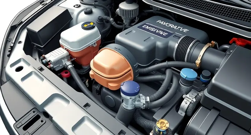 A close-up, detailed illustration of a car's engine bay, focusing on the evaporative emissions control system components. Highlight the canister, hoses, and associated sensors. The engine should appear clean and well-maintained. The overall lighting should be bright and even, emphasizing the mechanical details.