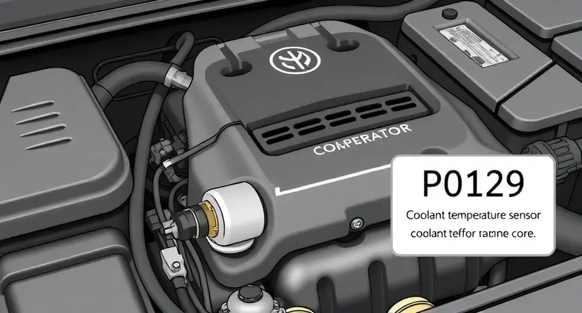 A detailed illustration of a car engine with a focus on the coolant temperature sensor and its connection to the engine control unit (ECU). Highlight the sensor's location and how it monitors engine temperature. Show a visual representation of the P0129 error code being displayed on the dashboard, perhaps a simplified digital display. Include subtle visual cues indicating a slightly elevated engine temperature.
