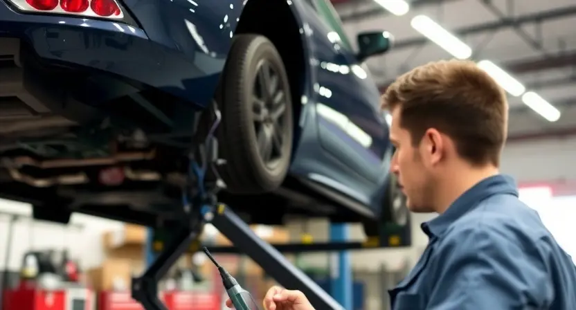 A mechanic is using a diagnostic tool to check a car's computer system. The car is lifted on a hydraulic lift, and the mechanic is focused on the dashboard and wiring. The background shows a well-lit auto repair shop with tools and equipment. Focus on the diagnostic process and the car's internal systems.