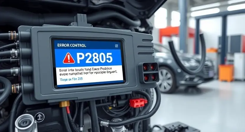 A detailed illustration of an automotive engine control unit (ECU) with a diagnostic interface displaying error code P2805. The ECU should be realistically rendered, showing various components like sensors, wiring, and connectors. The diagnostic interface should clearly show the error code and related information. The background should be a clean, professional automotive workshop environment.