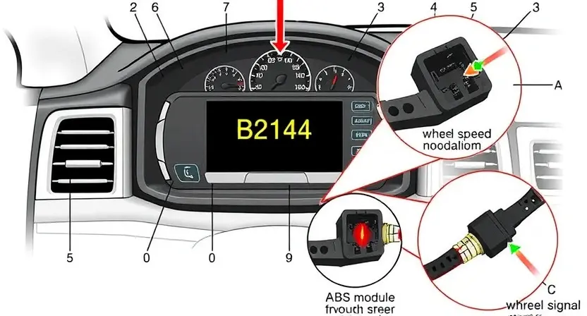 A technical diagram showing a car's onboard diagnostic system with error code B2141 displayed on a dashboard screen, surrounded by labeled components like ABS module, wheel speed sensors, and wiring harness, with magnified callouts highlighting faulty connections and sensor signals, in a clean, professional automotive repair illustration style