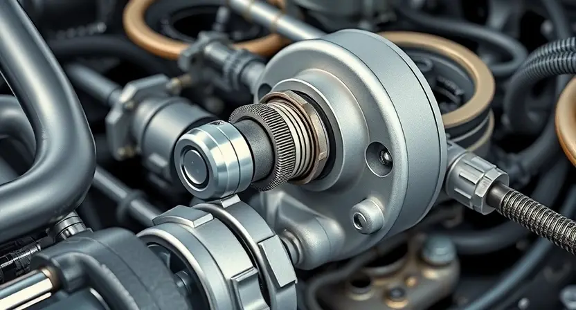 A close-up, detailed illustration of a car engine with a focus on the crankshaft position sensor. The sensor should be clearly visible, with surrounding engine components in sharp focus. The overall lighting should be bright and even, highlighting the metallic textures.