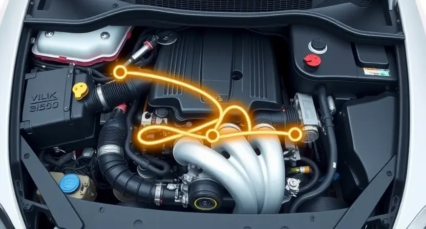 A detailed illustration of a car engine bay, focusing on the valve assembly and wiring related to the front left valve. Highlight the potential short circuit path with subtle glowing lines. The engine should be clean and well-lit, showcasing the complexity of the components.