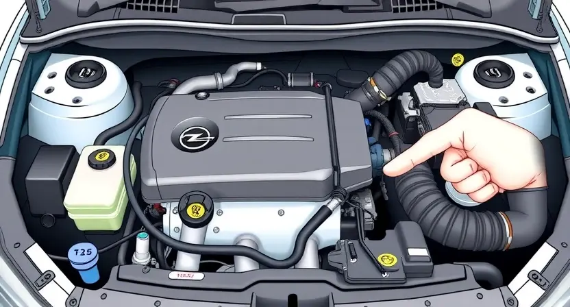 A detailed illustration of an Opel car engine bay, focusing on the P1526 error code indicator light on the dashboard. The engine should be clean and well-lit, showcasing various components like the engine block, hoses, and sensors. A mechanic's hand could be subtly visible pointing towards the dashboard light.