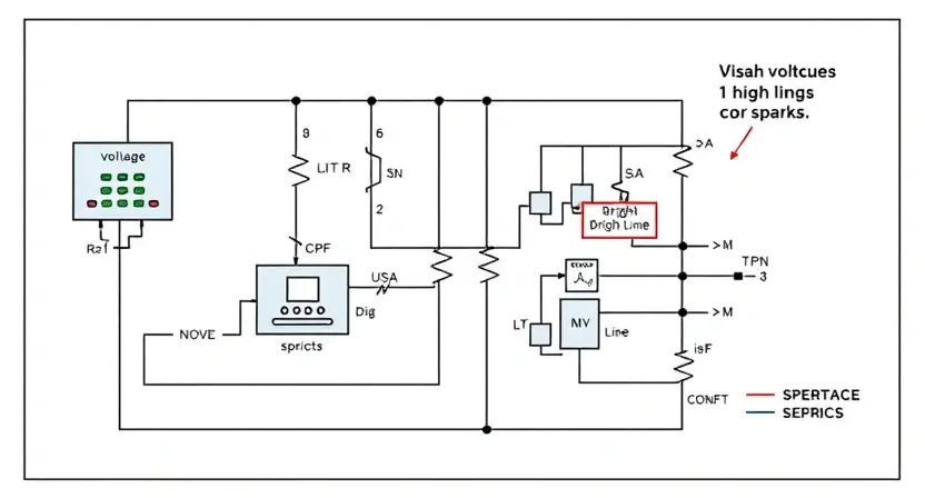 A detailed schematic diagram of an electrical circuit with a control unit, highlighting a potential voltage issue. Include visual cues indicating high voltage, such as bright lines or sparks. The circuit should be complex enough to represent a typical control system.