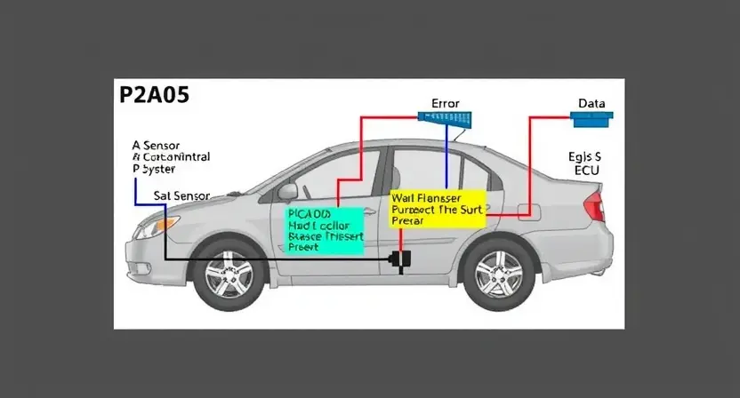 A detailed diagram illustrating the P2A05 error in a car's engine control system. The diagram should clearly show the affected components (e.g., sensors, ECU, wiring) and the flow of data leading to the error. Use color-coding to highlight the problematic area. The background should be clean and uncluttered, focusing attention on the technical illustration.