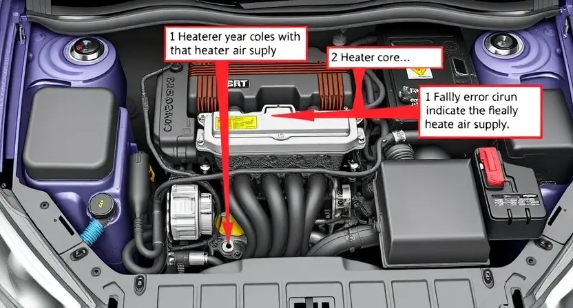 A detailed illustration of a car's engine bay, specifically highlighting the air intake heater circuit. Show the heater core, hoses, wiring, and any diagnostic tools related to the P0640 error code. Focus on the components that indicate a faulty heater air supply.