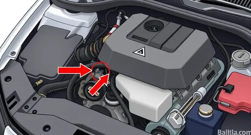 A detailed illustration of a car engine bay with a highlighted oxygen sensor. The sensor should be clearly visible, with arrows pointing to its location and the surrounding engine components. Focus on the sensor's wiring and connection points. The background should show a clean and organized engine compartment.