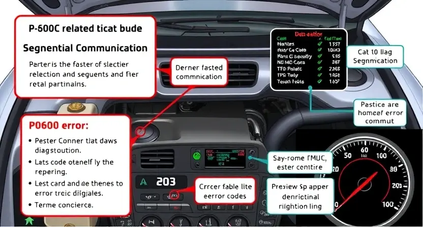A detailed illustration of a car's engine bay with various diagnostic tools and a dashboard displaying error codes. Focus on the area related to the sequential communication line. Include visual representations of data flow and potential causes of the P0600 error.