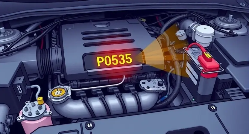 A detailed illustration of a car's engine bay, focusing on the P0535 diagnostic trouble code indicator light. The light should be illuminated, and surrounding components like the engine, wiring harness, and sensors should be visible. The image should convey a sense of technical detail and automotive repair.