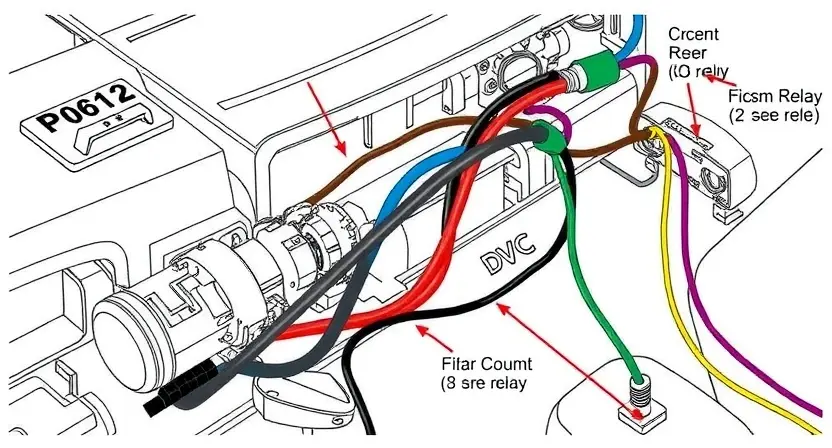 A detailed illustration of a car's electrical system, specifically highlighting the FICM relay and its associated wiring. The image should show the relay itself, connected to the car's wiring harness, with clear labels indicating the relevant circuits. Focus on the components related to the P0612 error code.