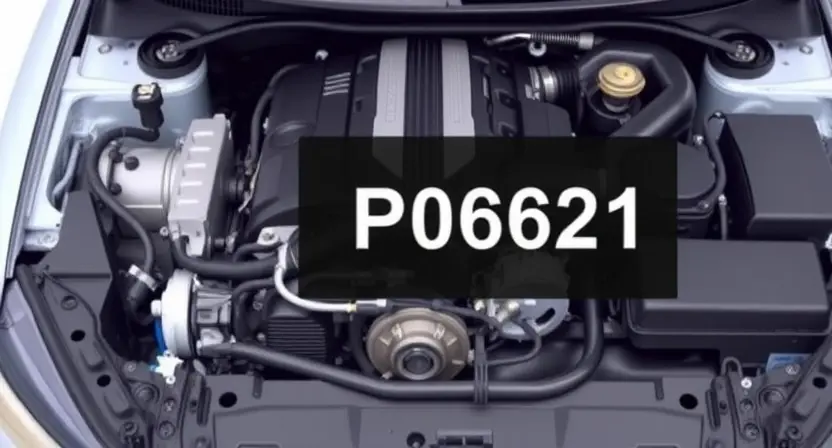 A detailed illustration of a car engine with the P0621 error code highlighted. The engine should be clean and well-lit, showing various components like the camshaft, crankshaft, and sensors. A digital overlay displays the P0621 code in a clear, readable font.