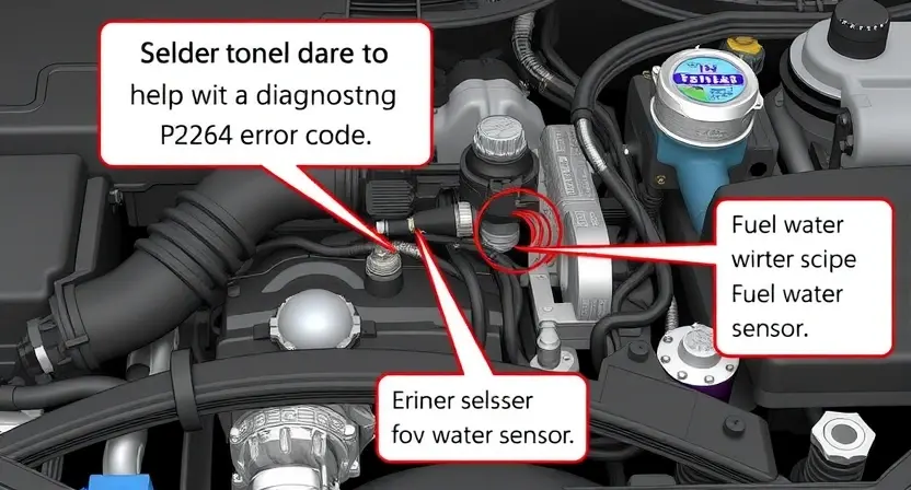 A detailed illustration of a car engine with a highlighted fuel system, focusing on the fuel water sensor and its wiring. The image should show the sensor's location, connections, and surrounding components to help with diagnosing the P2264 error code. Use a clean, technical style with clear labels and a color scheme that differentiates between various parts.