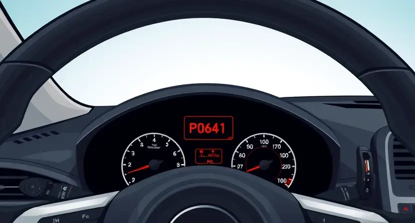 A detailed illustration of a car's dashboard with a P0641 error code displayed on the instrument cluster. The dashboard should show various car components like the steering wheel, speedometer, and other gauges. Focus on the error code and its visual representation.