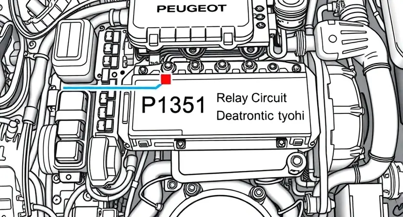 A high-quality technical illustration showing a diesel engine of a Peugeot or Citroën vehicle with a highlighted P1351 error code, focusing on the relay circuit and diagnostic tools, clean lines, technical accuracy, no text or numbers on the image