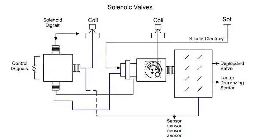 A detailed schematic diagram of a solenoid valve circuit, highlighting the components like the solenoid, coil, wiring, and any associated sensors or control elements. The diagram should be clean, well-organized, and easy to understand, illustrating the flow of electricity and signals. Focus on the electrical connections and the valve's internal structure. The background should be a neutral color, allowing the diagram to stand out. The image should convey technical accuracy and clarity.