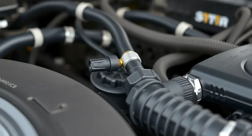 A close-up, detailed image of a car's engine bay, specifically focusing on the coolant temperature sensor and surrounding hoses. The sensor should be clearly visible, along with the connections to the hoses. The engine bay should appear clean and well-maintained. Focus on the components related to the cooling system.