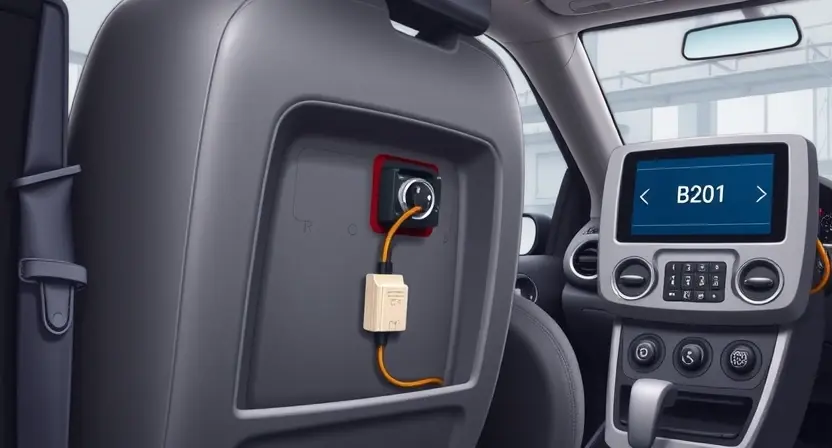 A detailed technical illustration of a car seat position sensor circuit, showing wiring, connectors, and the sensor itself mounted under a vehicle seat, with diagnostic error code B2201 displayed on a nearby OBD-II scanner screen, in a clean automotive workshop setting with soft overhead lighting, no text or labels on the image