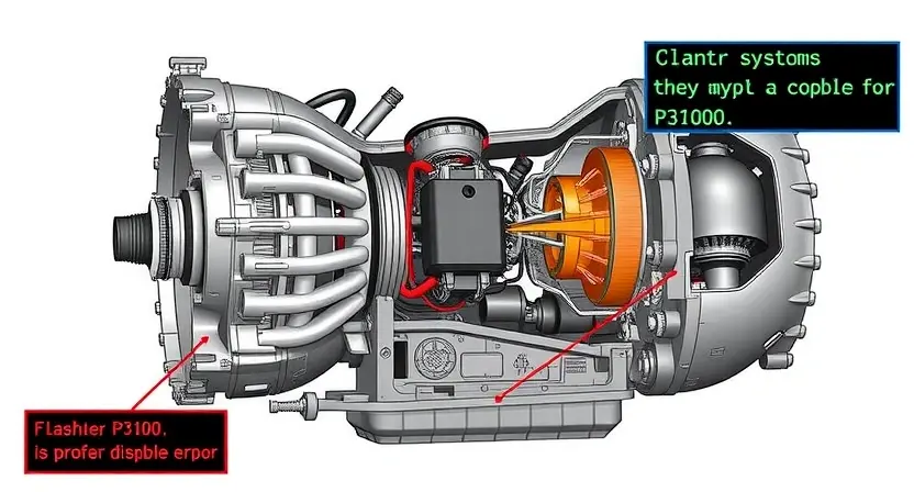 A detailed illustration of a hybrid transmission system with a focus on the P3100 error code. The image should depict the internal components of the transmission, highlighting the areas where the error might occur. Include visual cues representing the error, such as a flashing light or a diagnostic display showing the P3100 message.