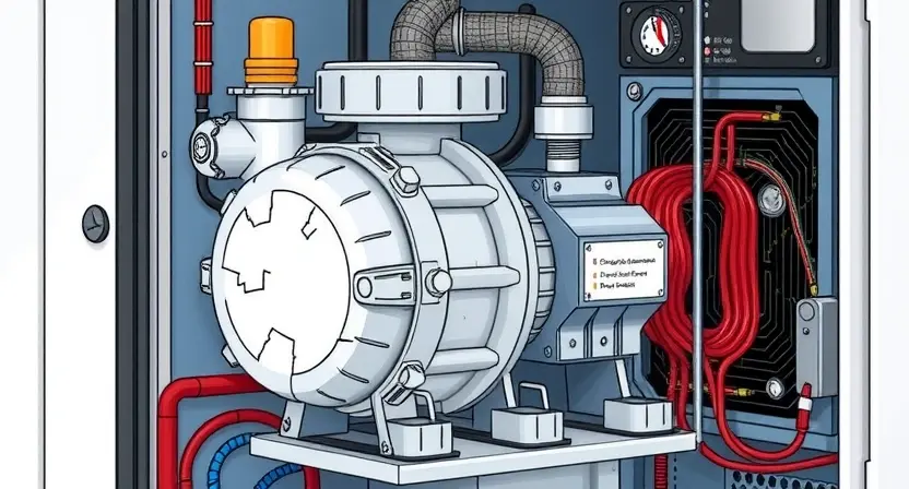 A detailed illustration of a cooling pump within an inverter system. The pump should be depicted with visible wear and tear, including signs of mechanical damage like cracks or dents. The surrounding components of the inverter should be partially visible, showing a complex electronic setup. Focus on the physical condition of the pump to convey the problem described in the article.