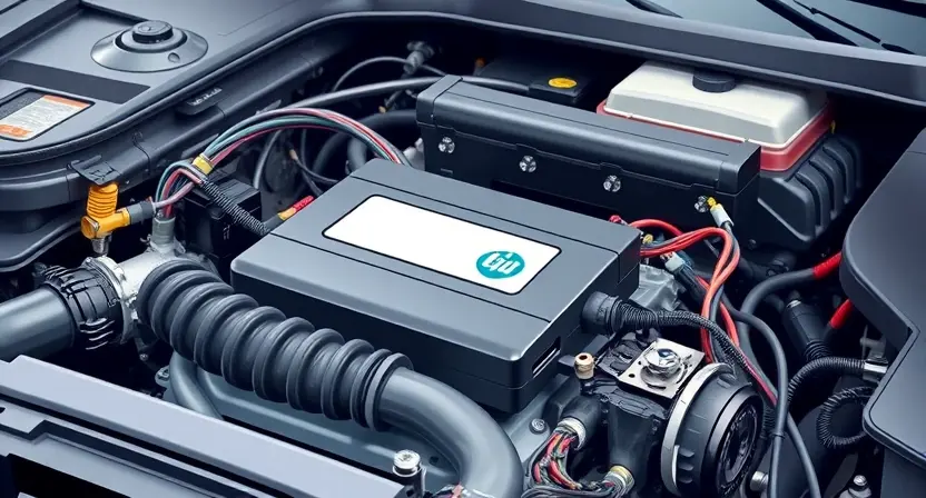 A detailed illustration of a car's engine bay, focusing on the engine control unit (ECU) and wiring harness. The ECU should be clearly visible, with wires connected to it. The background should be slightly blurred to emphasize the ECU.
