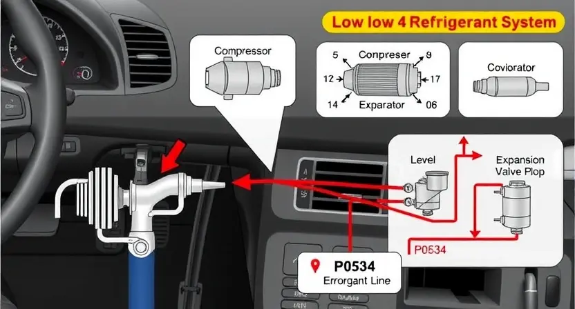 A detailed illustration of a car's air conditioning system with a visual representation of low refrigerant levels. Include diagrams showing the components (compressor, condenser, evaporator, expansion valve, refrigerant lines) and arrows indicating the flow of refrigerant. Highlight the 'P0534' error code within the system.