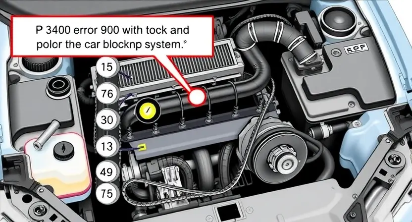 A detailed illustration of a car's engine bay, focusing on the mechanical components related to the P3400 error. Show a close-up of the cooling system, specifically the radiator and hoses, with subtle visual cues indicating a potential blockage or leak. Include representations of belts and pulleys, highlighting any signs of wear or misalignment. The overall image should convey a sense of technical inspection and potential mechanical failure.