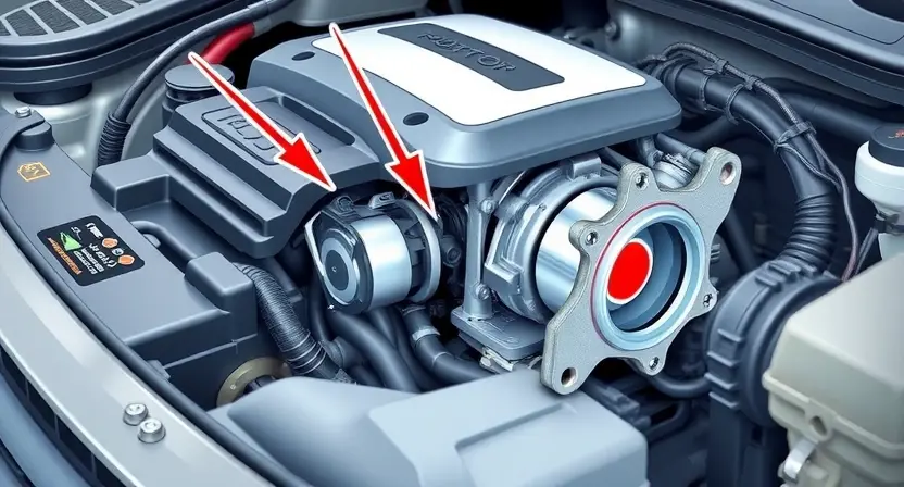 A close-up, detailed illustration of a car's engine bay, focusing on the throttle position sensor (TPS) and the throttle body. The TPS should be clearly visible, with arrows indicating its position and connection to the throttle body. The throttle body should be partially disassembled to show the internal components. Include a visual representation of airflow through the throttle body. The overall lighting should be bright and informative, highlighting the key components.