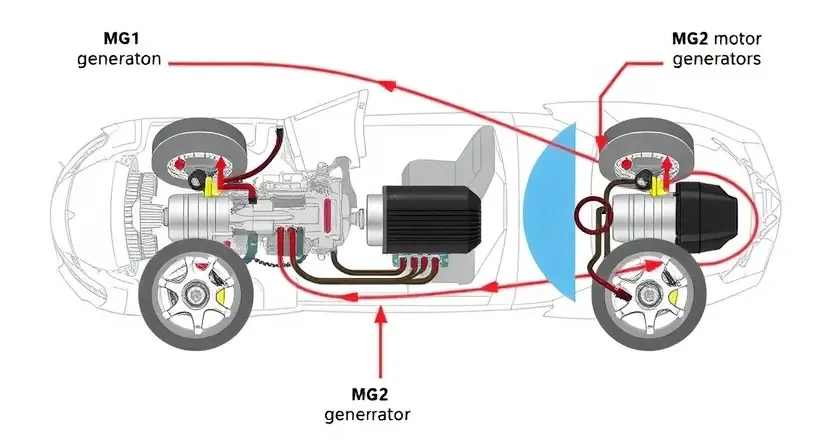 A detailed illustration of a hybrid car's powertrain, highlighting the MG1 and MG2 motor-generators. Show the MG1 connected to the engine and the MG2 connected to the wheels, with arrows indicating power flow in both regenerative braking and acceleration scenarios. Use a clean, technical style emphasizing mechanical components and electrical connections.