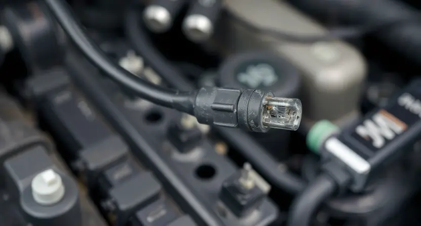 A close-up, detailed image of an automotive engine bay showing a damaged temperature sensor wire with a broken connection. The background should be slightly blurred to emphasize the sensor. Focus on the electrical components and the damaged wire.