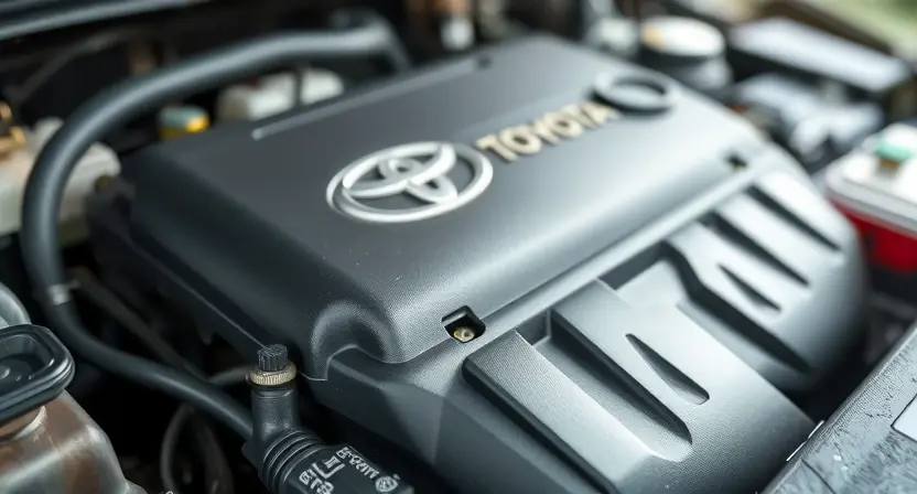 A close-up shot of a Toyota vehicle's engine bay, focusing on the oxygen sensor. The sensor should be clearly visible, with surrounding engine components blurred in the background. The overall lighting should be bright and clean, highlighting the sensor's details. The image should convey a sense of automotive repair and diagnostics.
