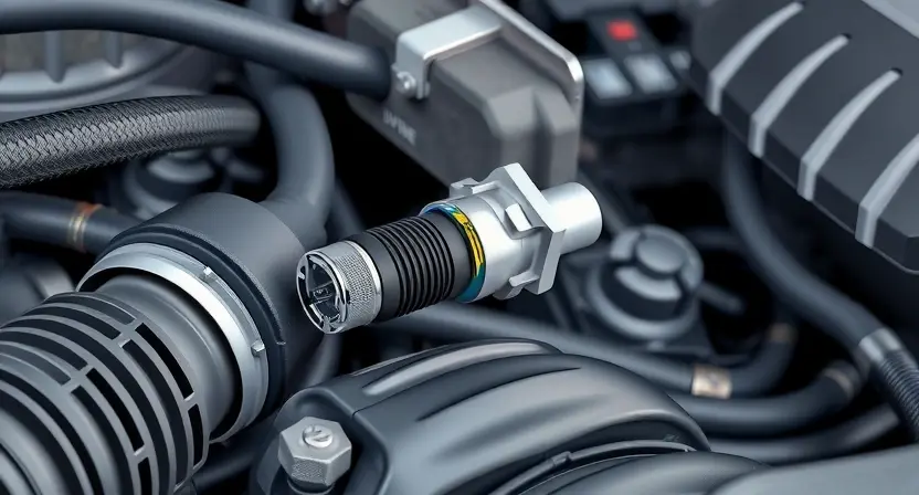 A close-up, detailed illustration of an engine bay with a focus on the Intake Air Temperature (IAT) sensor. The sensor should be clearly visible, along with surrounding hoses and wiring. The overall scene should convey a sense of automotive diagnostics and repair. Use realistic lighting and textures to emphasize the mechanical components.