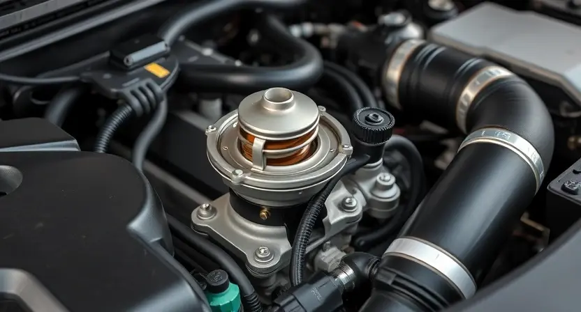 A close-up, detailed image of a car engine bay, specifically focusing on the thermostat housing and surrounding components. The engine should be clean and well-lit, showcasing the intricate details of the parts. Include visible hoses and wiring connected to the thermostat housing. The overall impression should be one of technical precision and automotive engineering.