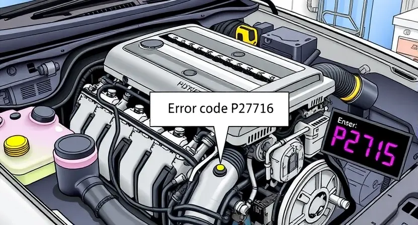 A detailed illustration depicting a car engine with a highlighted error code P2716. The engine should be partially disassembled, showing various components like sensors, wires, and hoses. A digital display near the engine shows the error code clearly. The background should be a clean, technical workshop environment.