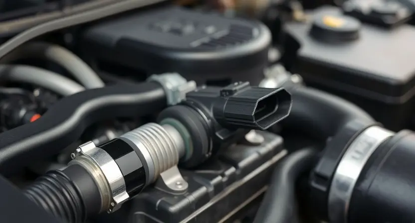 A close-up, detailed image of a car's engine bay. Focus on the mass airflow sensor (MAF sensor) and its surrounding components. The engine should appear clean and well-maintained. The lighting should be bright and even, highlighting the sensor's details.