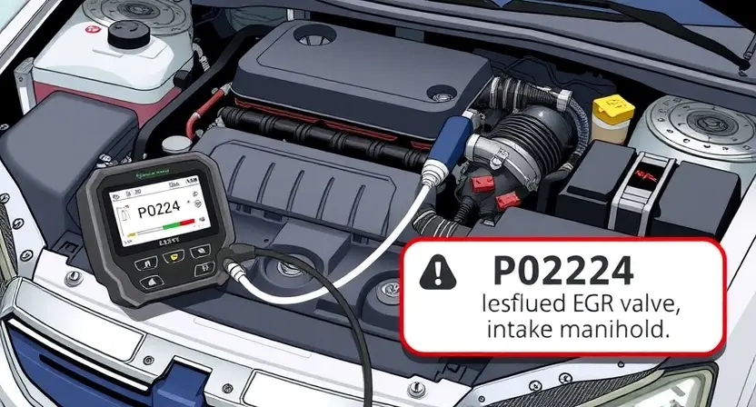 A detailed illustration of a car's engine bay with a diagnostic tool connected to the vehicle's computer. The focus should be on the area where the P0224 error code might be related to, such as the EGR valve or intake manifold. Include visual cues representing the error code (e.g., a small, stylized P0224 symbol).
