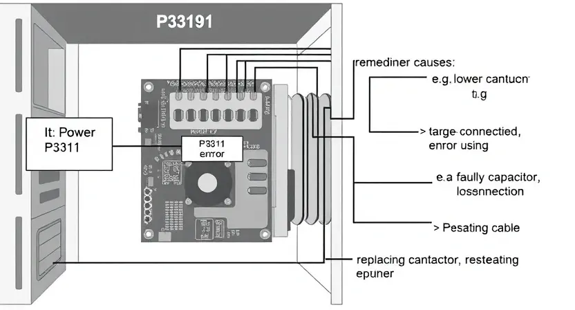 A detailed schematic diagram illustrating a P3191 error code in a computer system. The diagram should show the affected component (likely a power supply or motherboard), potential causes (e.g., faulty capacitor, loose connection), and possible solutions (e.g., replacing capacitor, reseating cable). Use visual cues to represent electrical connections and components.