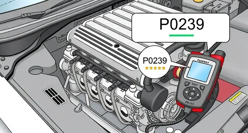 A detailed illustration of a car engine bay with a diagnostic tool connected to the engine's computer. The engine should be partially disassembled to show wiring and sensors. A visual representation of the P0239 error code (e.g., a flashing light or a digital display) should be present. Focus on clarity and technical accuracy.