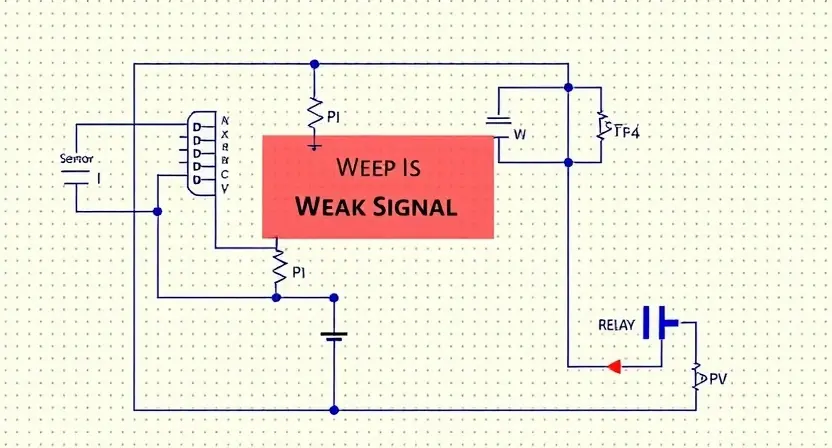A schematic diagram of a water pump control circuit with a highlighted area indicating a weak signal. The diagram should show components like a sensor, a microcontroller, a relay, and a power supply. The weak signal area should be visually emphasized with a color overlay or a symbol.