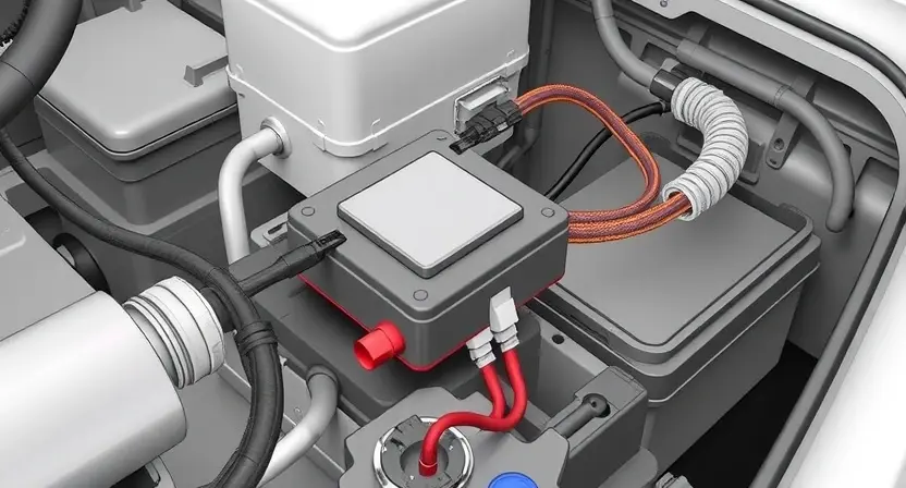 A detailed illustration of a car's electrical system, specifically highlighting the battery control module and its connection points. Wires and connectors should be clearly visible, emphasizing the importance of secure connections. The image should convey a sense of technical precision and diagnostic focus. Focus on the wiring harness and the module itself.