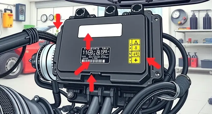 A high-quality technical illustration showing a car engine control unit (ECU) with visible wiring harnesses and connectors, emphasizing physical faults like broken wires, corrosion, or loose connections, set against a clean workshop background with tools and diagnostic equipment, in the style of detailed engineering diagrams
