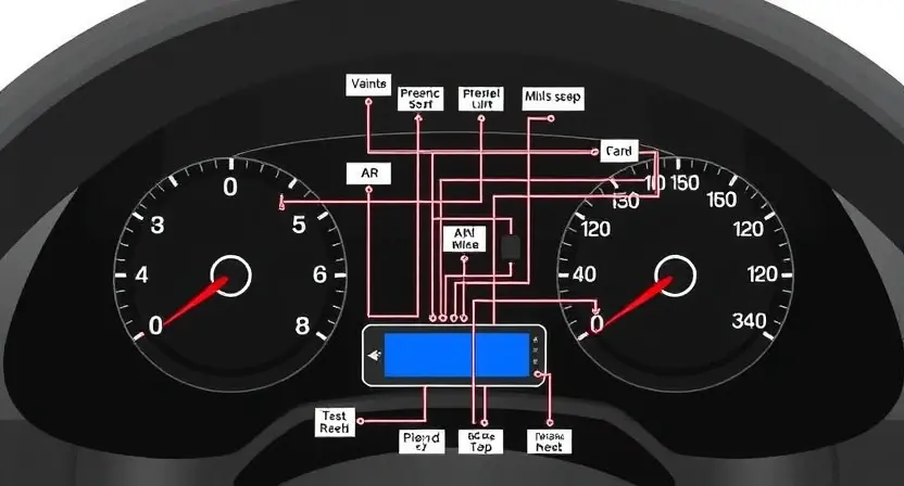 A detailed schematic diagram of an automotive instrument cluster, specifically highlighting the circuit for the blind spot indicator. The diagram should show the wiring, components (e.g., sensors, indicators, control unit), and connections. Include labels for all components and wires. The diagram should be clean, well-organized, and easy to understand.